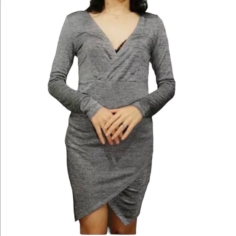 HM Dress Size 8 Deep VNeck Sexy Asymmetrical Hem Drape Gray Long Sleeve Cocktail